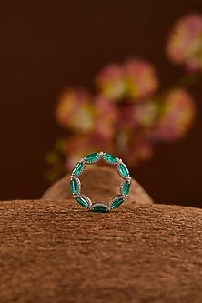 White Finish Zircon & Synthetic Emerald Ring In Sterling Silver