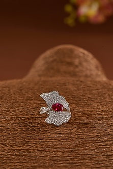 White Finish Zircon & Synthetic Ruby Ring In Sterling Silver