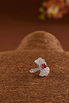 White Finish Zircon & Synthetic Ruby Ring In Sterling Silver