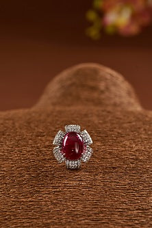 White Finish Zircon & Synthetic Ruby Ring In Sterling Silver
