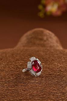 White Finish Zircon & Synthetic Ruby Ring In Sterling Silver