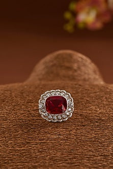 White Finish Zircon & Synthetic Ruby Ring In Sterling Silver