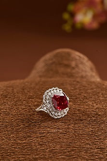 White Finish Zircon & Synthetic Ruby Ring In Sterling Silver