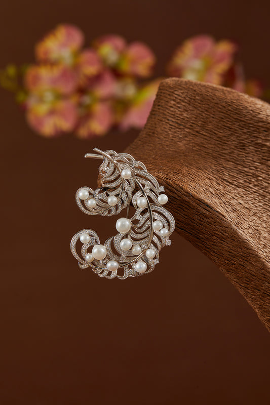 White Finish Zircon & Pearl Brooch In Sterling Silver