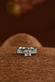 White Finish Zircon & Synthetic Emerald Ring In Sterling Silver