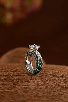 White Finish Zircon & Synthetic Emerald Ring In Sterling Silver