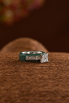 White Finish Zircon & Synthetic Emerald Ring In Sterling Silver