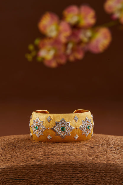 Two-Tone Finish CZ & Synthetic Emerald Bangle In Sterling Silver