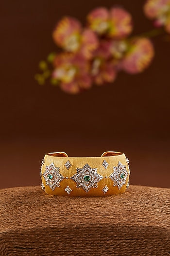 Two-Tone Finish CZ & Synthetic Emerald Bangle In Sterling Silver