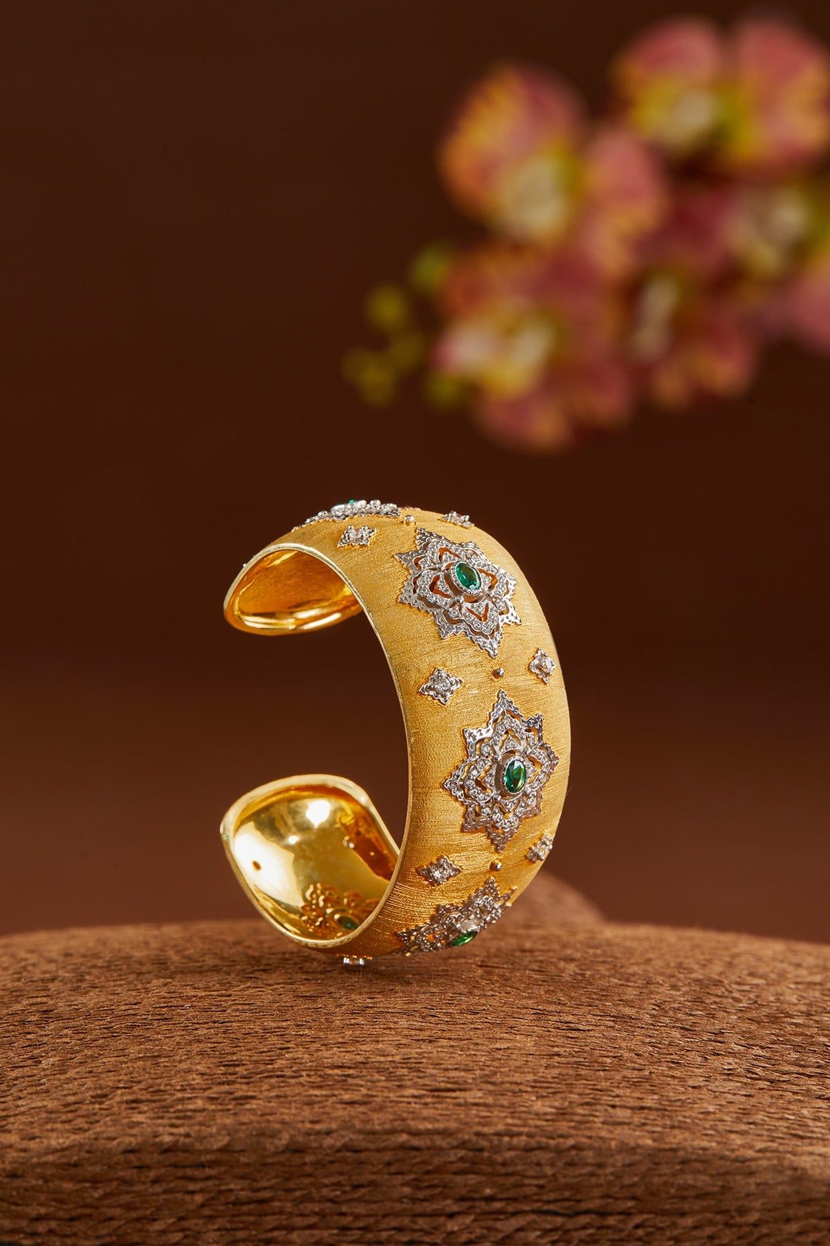Two-Tone Finish CZ & Synthetic Emerald Bangle In Sterling Silver