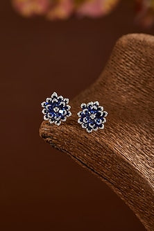 White Finish Zircon & Synthetic Blue Sapphire Stud Earrings In Sterling Silver