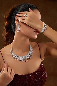 White Finish Zircon & Synthetic Ruby Necklace Set In Sterling Silver
