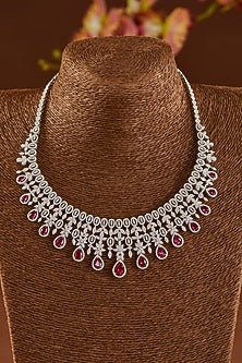 White Finish Zircon & Synthetic Ruby Necklace Set In Sterling Silver