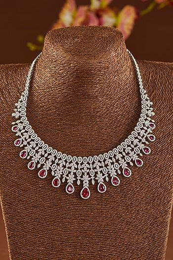 White Finish Zircon & Synthetic Ruby Necklace Set In Sterling Silver