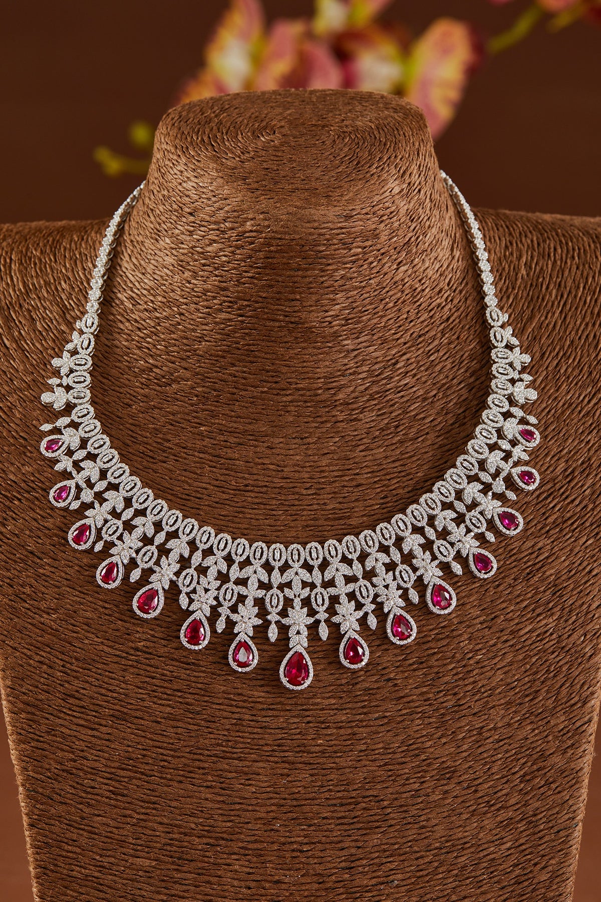 White Finish Zircon & Synthetic Ruby Necklace Set In Sterling Silver
