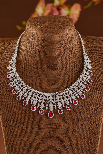 White Finish Zircon & Synthetic Ruby Necklace Set In Sterling Silver