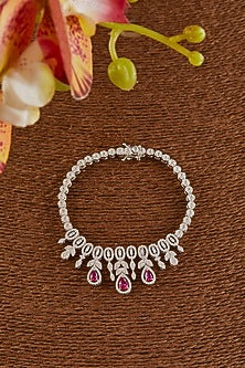 White Finish Zircon & Synthetic Ruby Necklace Set In Sterling Silver