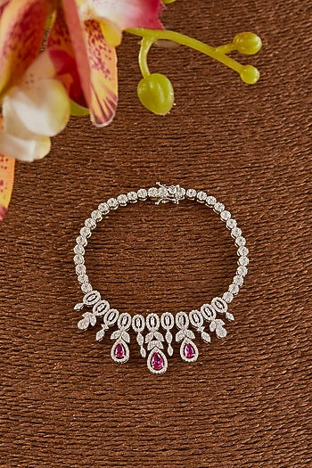 White Finish Zircon & Synthetic Ruby Necklace Set In Sterling Silver