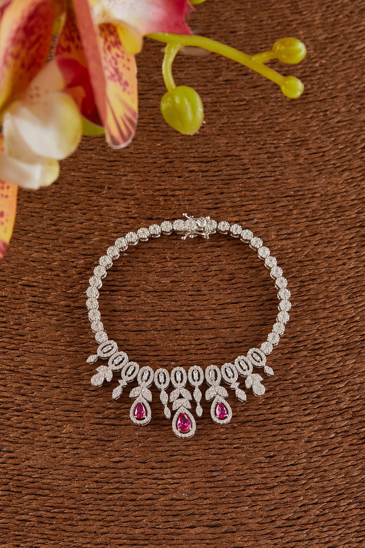 White Finish Zircon & Synthetic Ruby Necklace Set In Sterling Silver