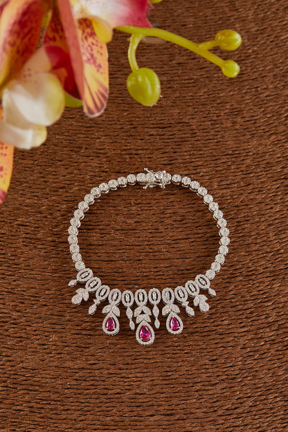 White Finish Zircon & Synthetic Ruby Necklace Set In Sterling Silver