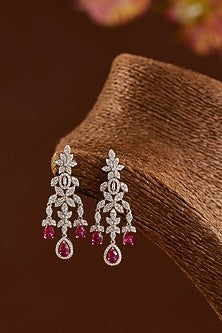 White Finish Zircon & Synthetic Ruby Necklace Set In Sterling Silver