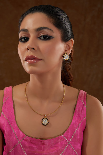 Gold Finish Moissanite Polki & Black Onyx Pendant Necklace Set In Sterling Silver