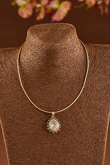 Gold Finish Moissanite Polki & Black Onyx Pendant Necklace Set In Sterling Silver