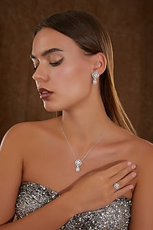 White Finish Zircon Pendant Necklace Set In Sterling Silver