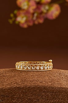 Gold Finish Moissanite Polki & CZ Bangle In Sterling Silver