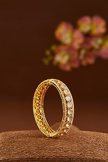 Gold Finish Moissanite Polki & CZ Bangle In Sterling Silver
