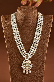 Gold Finish Moissanite Polki & Pearl Enamelled Necklace Set In Sterling Silver