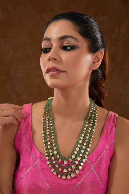 Gold Finish Moissanite Polki & Emerald Long Necklace In Sterling Silver