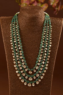 Gold Finish Moissanite Polki & Emerald Long Necklace In Sterling Silver