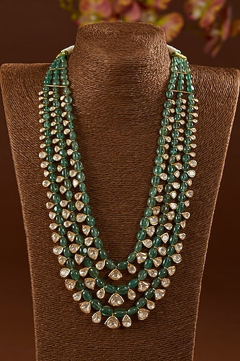 Gold Finish Moissanite Polki & Emerald Long Necklace In Sterling Silver