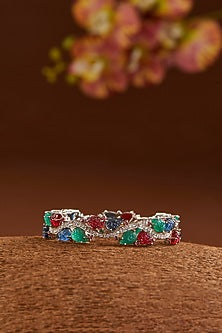 White Finish Ruby & Emerald Bangle In Sterling Silver