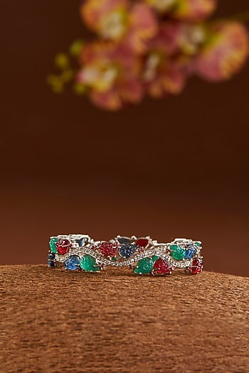 White Finish Ruby & Emerald Bangle In Sterling Silver
