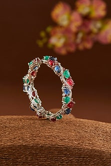 White Finish Ruby & Emerald Bangle In Sterling Silver