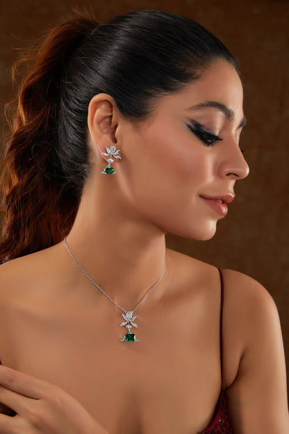 White Finish Zircon & Emerald Pendant Necklace Set In Sterling Silver