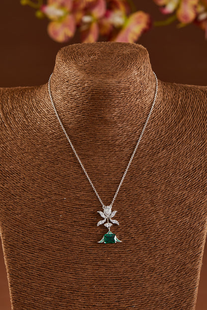 White Finish Zircon & Emerald Pendant Necklace Set In Sterling Silver