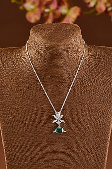 White Finish Zircon & Emerald Pendant Necklace Set In Sterling Silver