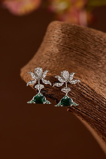 White Finish Zircon & Emerald Pendant Necklace Set In Sterling Silver