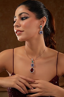 White Finish Zircon & Blue Sapphire Pendant Necklace Set In Sterling Silver