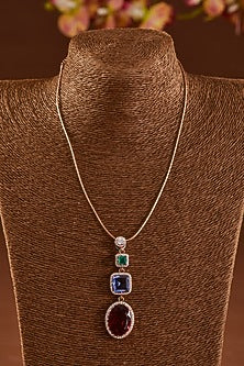 White Finish Zircon & Blue Sapphire Pendant Necklace Set In Sterling Silver