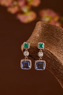 White Finish Zircon & Blue Sapphire Pendant Necklace Set In Sterling Silver