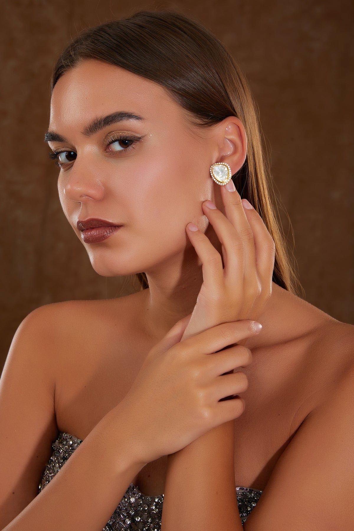 Gold Finish Moissanite Polki & CZ Stud Earrings In Sterling Silver