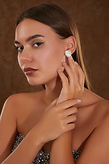 Gold Finish Moissanite Polki & CZ Stud Earrings In Sterling Silver
