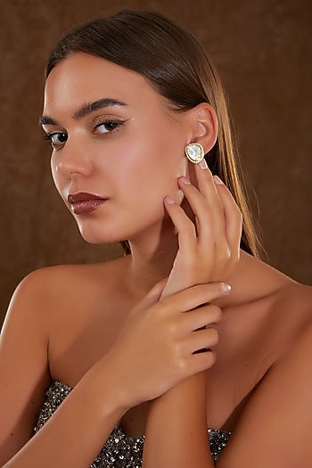Gold Finish Moissanite Polki & CZ Stud Earrings In Sterling Silver