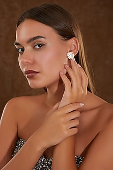 Gold Finish Moissanite Polki & CZ Stud Earrings In Sterling Silver