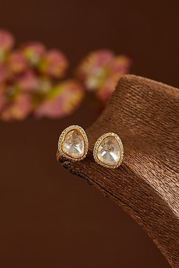 Gold Finish Moissanite Polki & CZ Stud Earrings In Sterling Silver
