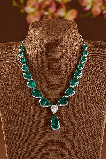 White Finish Zircon & Emerald Necklace Set In Sterling Silver